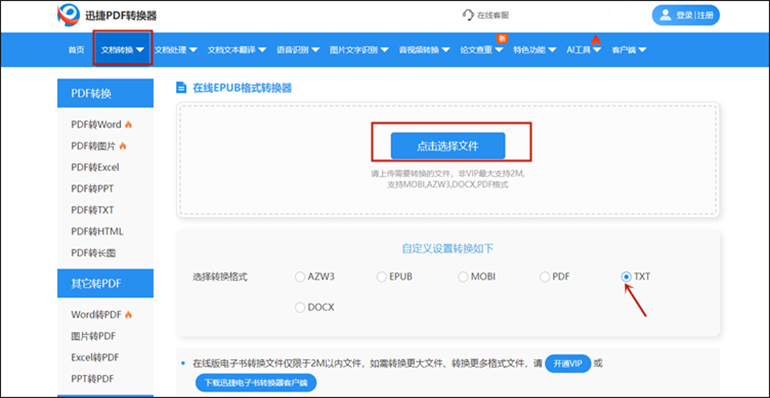 网站版进行EPUB转TXT操作