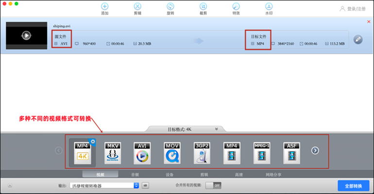 迅捷视频转换器MAC的软件的视频格式转换功能
